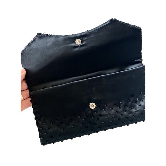 Vintage 1950s Beaded Clutch STYLECRAFT MIAMI Satin MCM Black Evening Bag Wallet - Picture 5 of 5